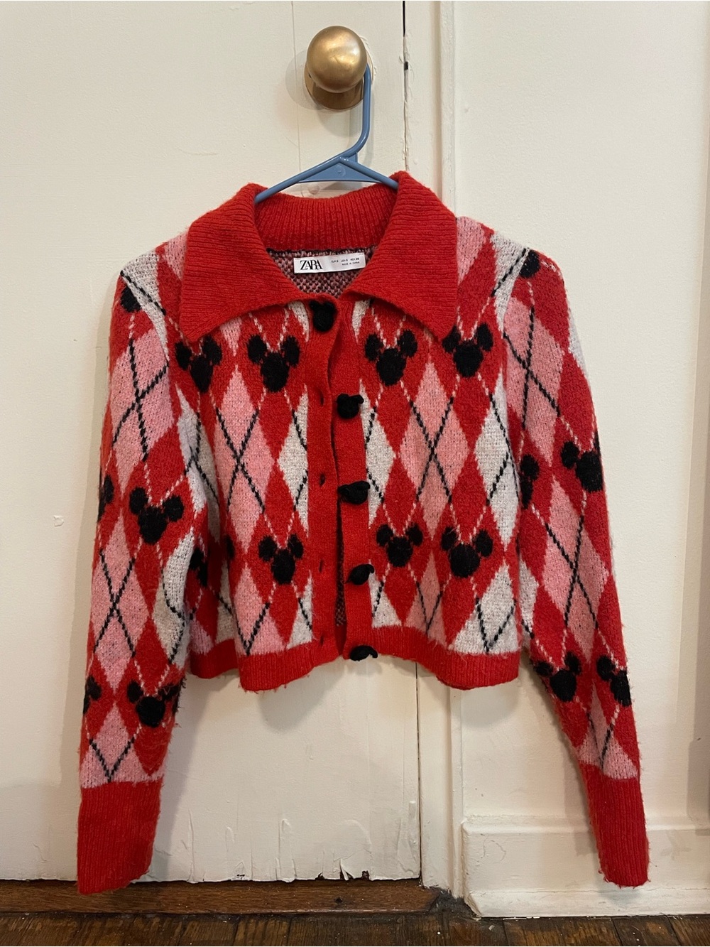 ZARA Red and Pink Argyle Knit Cardigan with Black Motifs